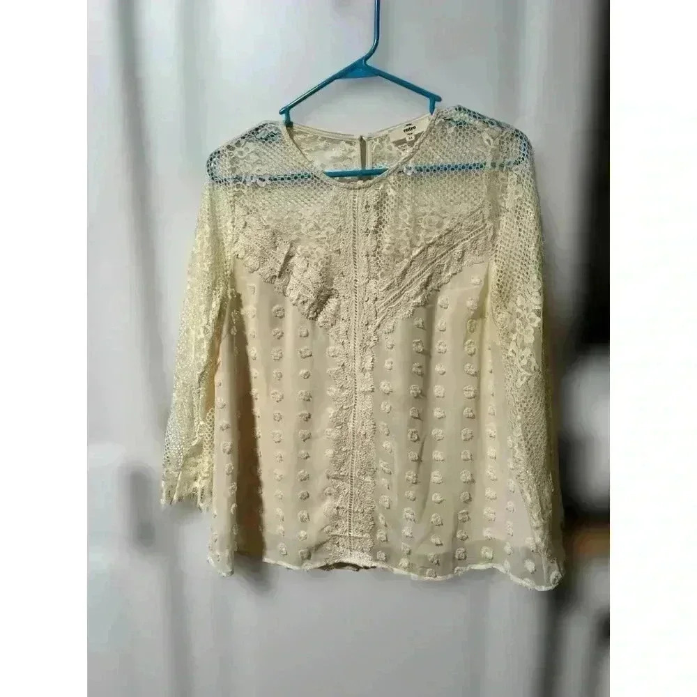 Entro Blouse Peasant Flowy‎ Tunic Top Cream Dot, Size Medium